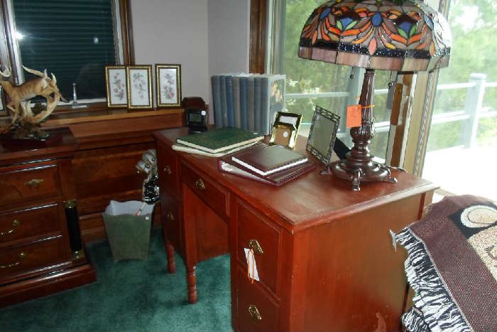 nice vintage mahogany desk & stained glass lamp