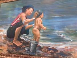 This Asian oil on canvas painting is signed lower right and rear Sit Linn 1990. (Born 1955 in Myanmar) Sit Linn studied under the old masters: U Pyi Soe Myint, U Hla Han and U Hla Tin Tun. Painting shows a woman lovingly washing her son by the river. Approx. 24" H x 35" W canvas, 27" H x 38 1/2" W framed.