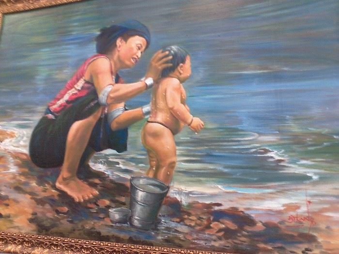 This Asian oil on canvas painting is signed lower right and rear Sit Linn 1990. (Born 1955 in Myanmar) Sit Linn studied under the old masters: U Pyi Soe Myint, U Hla Han and U Hla Tin Tun. Painting shows a woman lovingly washing her son by the river. Approx. 24" H x 35" W canvas, 27" H x 38 1/2" W framed.
