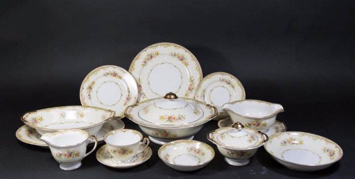 This Tuillerie China service serves 12. Each piece has a delicate floral design. The set includes 90 pieces which include 12 plates, 12 bowls, 12 cups with saucers, 12 salad plates, 12 dessert plates, 12 finger bowls, 1 platter, 1 oval bowl, 1 plated gravy bowl, 1 creamer, 1 sugar bowl with lid and 1 round serving bowl with lid. This set will cover all your holiday brunch, lunch or dinner needs.