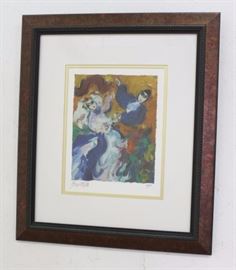 This artist proof is called Judaica Wedding Dance and is signed lower left. Approx. 7 1/2" H x 9 1/2" W image, 22" H x 18 3/4" W framed. This happy couple in strong, bold colors will look great in any home