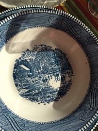 CURRIER AND IVES “ OLD GRIS MILL” BLUE AND WHITE DINNERWARE SET