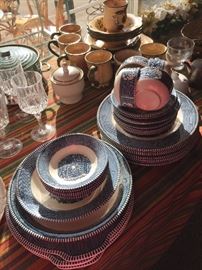 CURRIER AND IVES “ OLD GRIS MILL” BLUE AND WHITE DINNERWARE SET