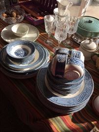 CURRIER AND IVES “ OLD GRIS MILL” BLUE AND WHITE DINNERWARE SET