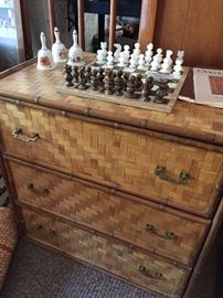 WICKER AND BAMBOO DRESSER AND MARBLE CHESS SET