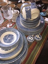 CURRIER AND IVES “ OLD GRIS MILL” BLUE AND WHITE DINNERWARE SET