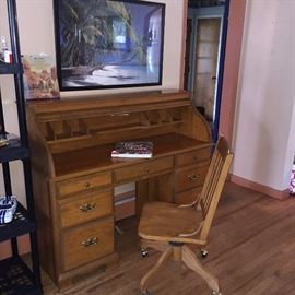 SOLID OAK ROLL-TOP DESK AND OFFICE CHAIR
