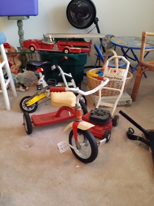 children's toys, tricycle, mower, bike, fire engine