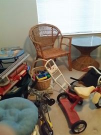 wicker chair, bar stools