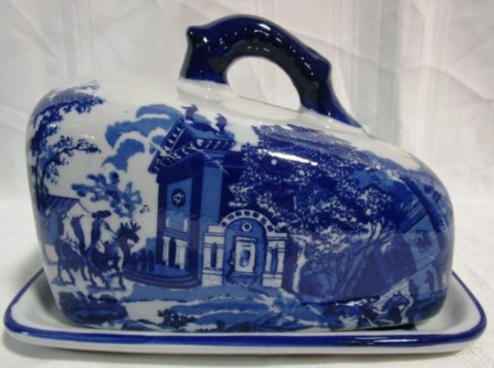 Blue white transferware covered cheese plate
