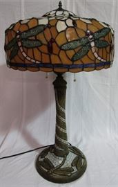 Large mosaic base stained glass dragonfly motif lamp