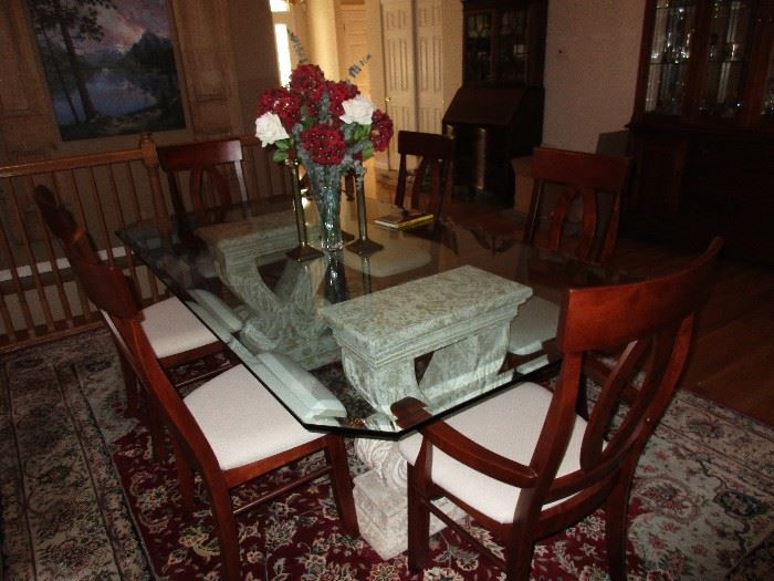 BEVELED GLASS TABLE AND 6 CHAIRS