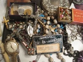 ANTIQUE MILLEFIORI CRUCIFIX AND SEVERAL VINTAGE ROSARIES