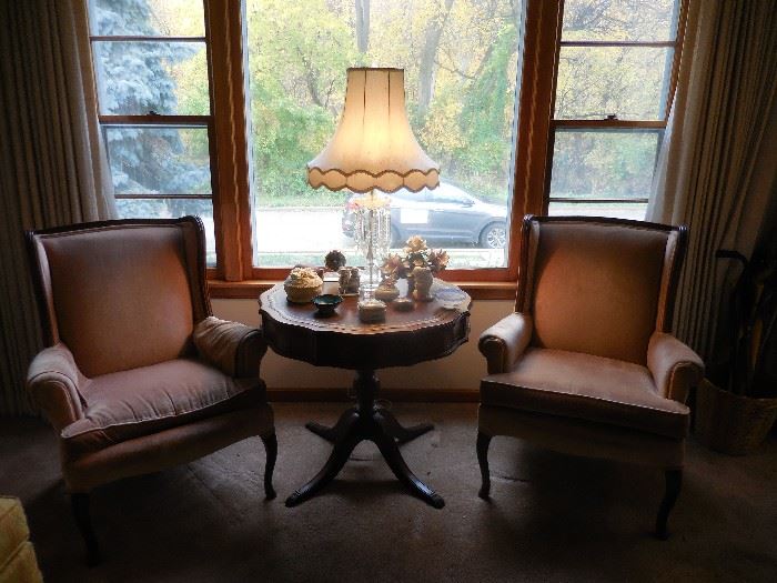 Vintage Arm Chairs. Vintage Mahogany Drum Table Leather Top