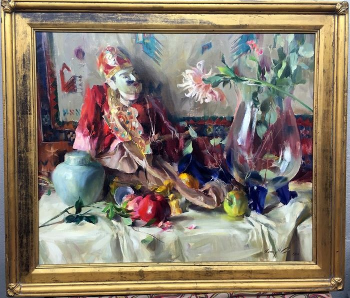 Quang Ho "Chinese Clown" Origninal Oil Painting, Framed 42" W x 36" H