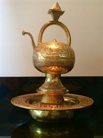 Vintage Persian brass, copper, silver ewer and basin.