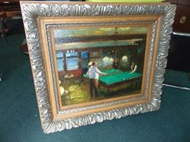 Antique Oil On Canvas Billiards