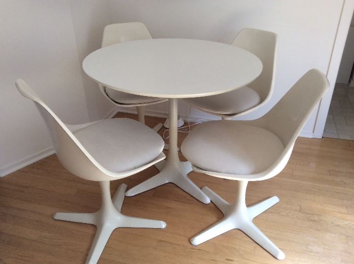 Burke mid century tulip table and swivel chairs with linen seat pads