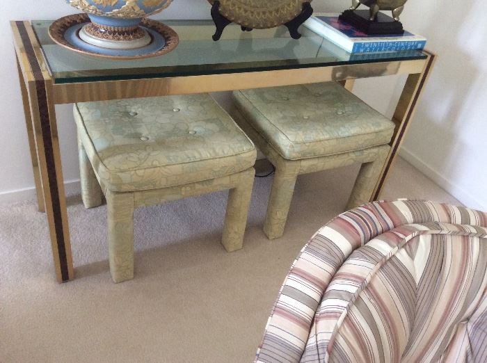 Brass and glass sofa table, upholstered benches