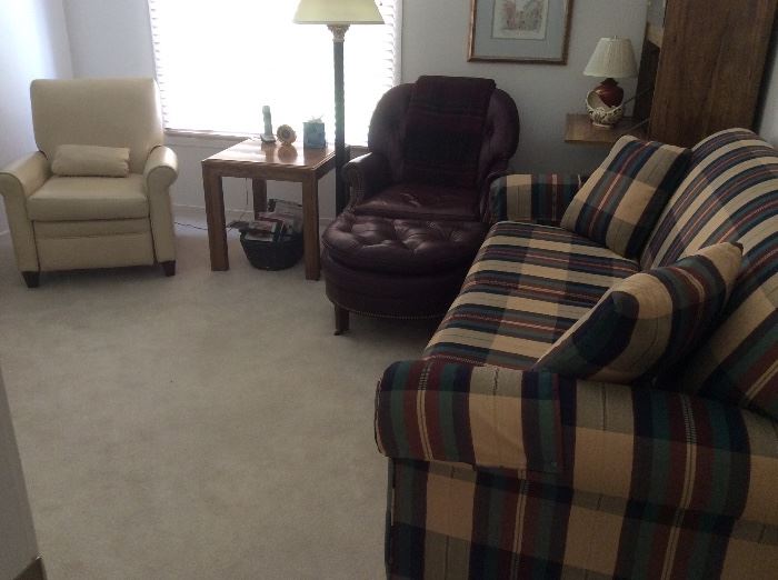 BarcaLounger leather recliner, Hancock and Moore reading chair/ottoman, like-new plaid sleeper