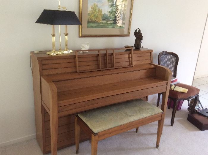 Blonde mid century piano by Fischer New York