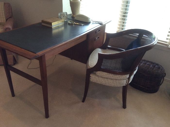 Mid century slate top desk and chair with caned detail