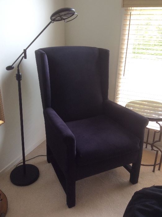 Deep plum reading chair, halogen reading lamp