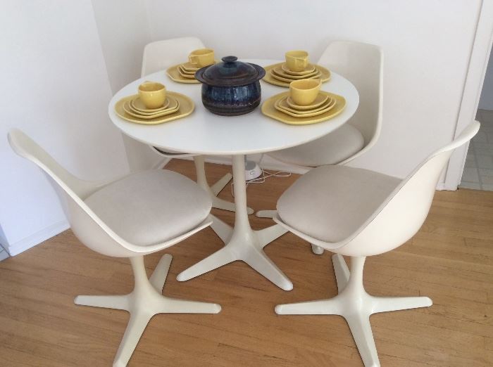Burke tulip table and chairs, Denwar pottery dinnerware