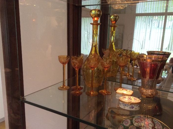 Vintage amber glass decanter set