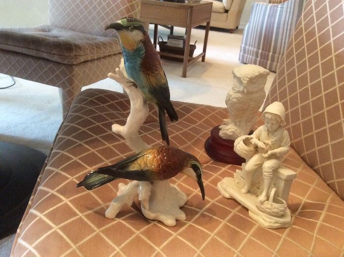 Beautiful porcelain Meissen bird figurines, boy figurine from France