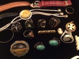 One-of-a-kind sterling silver rings with intricate inlaid enamel, sterling lariat with topaz cabochon, cabochon and sterling pin