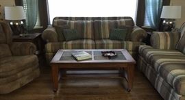 Slate Top Wood on Castors Coffee Table and 2 End Tables, Sofas (2), Recliner, Pair Table Lamps