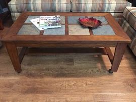 Slate Top Wood on Castors Coffee Table and 2 End Tables 