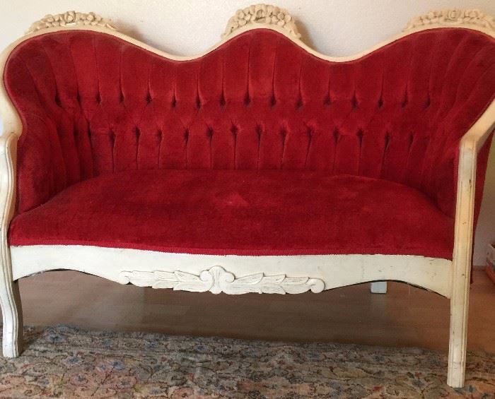 Vtg French Style Sofa w Tufted Back and Sides Ornate Red
