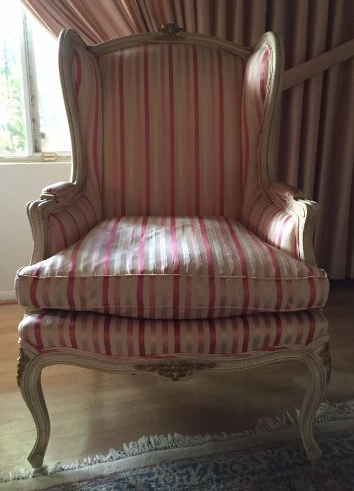 Pair Danby Wing Back French Provincial Pink Striped Chairs

