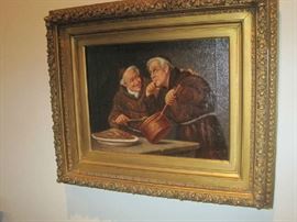 Oil on canvas-'Monks Roasting Chicken'-(12"x16" picture) gold gilt frame