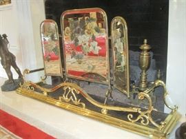 Hand painted 3 panel mirror fire screen and large brass fender
