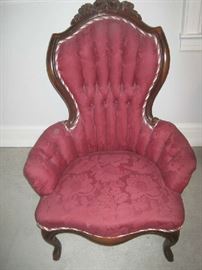 One of two tufted back Victorian chairs with braid trim and carved back - Ladies chair
