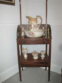 Antique wash stand with bowl and pitcher and other porcelain made in occupied Japan 
