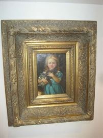 Oil on canvas young girl with cats- ornate gold gilt frame