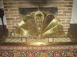 Brass fan fire screen and brass fender