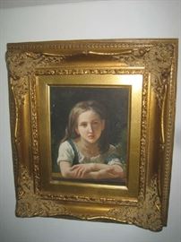 Oil on canvas young girl in ornate gold gilt frame
