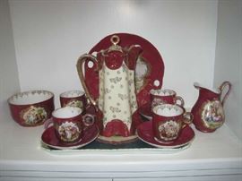  Antique Royal Vienna (beehive mark) Tea set- tray, tea pot, 4 cups/saucers, cream/sugar, cake plate, 4 dessert plates