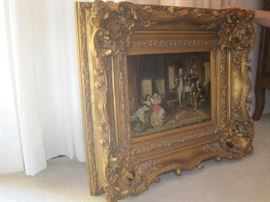  Oil on canvas in ornate gold frame of people in the parlor