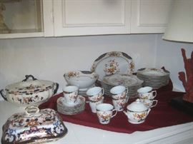 Home Beautiful 'Canton Fair'  ME 217 china- blue, rust, yellow border and flowers- 5 pc. place setting for 8:8 dinner plates,8 salad plates,8 soup/cereal,8 cups/saucers,  veg.bowl, platter sugar bowl 