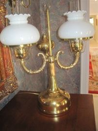  Brass two arm lamp student lamp with double milk glass globes-  Coleman Lamp Co. 'Quick Light'