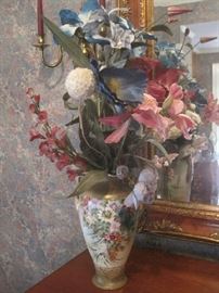 Large Nippon hand painted vase with silk flowers 