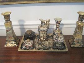 Chinese dresser set- tray and accessories with pair of candle sticks