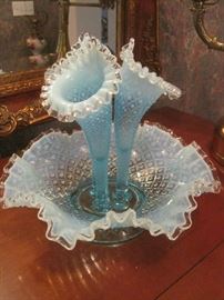 Beautiful blue hobnail glass epergne 