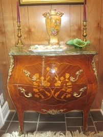 Large two drawer commode chest with marble top and inlay